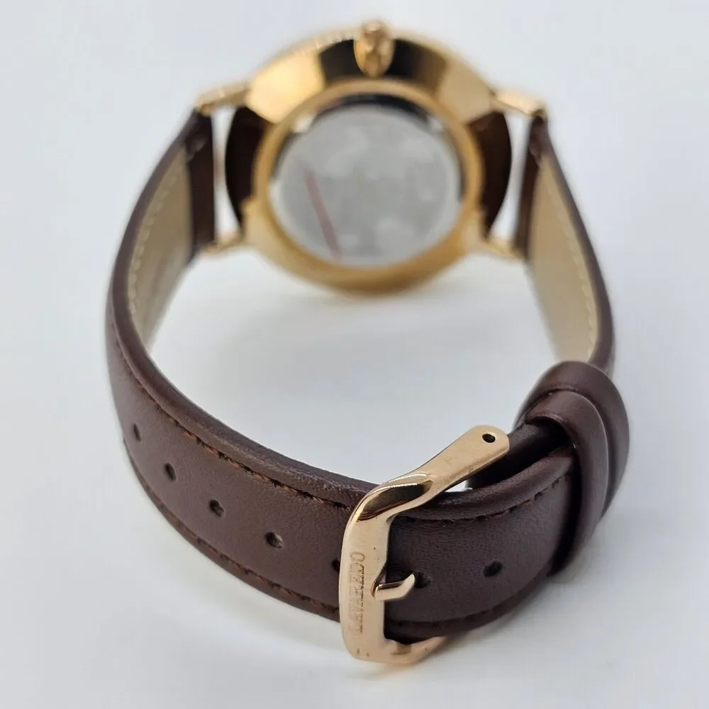 Men's Watch 40MM Gold Case Blue Dial Brown Leather Band‎ Straps Date Indicator